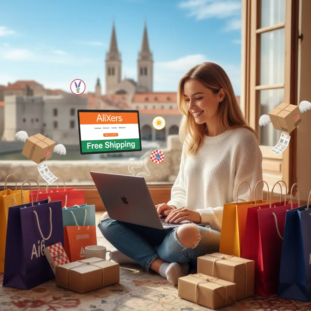 Snimka ekrana prikazuje popularne AliExpress trgovine koje nude besplatnu dostavu za Hrvatsku, s istaknutim proizvodima i oznakom 