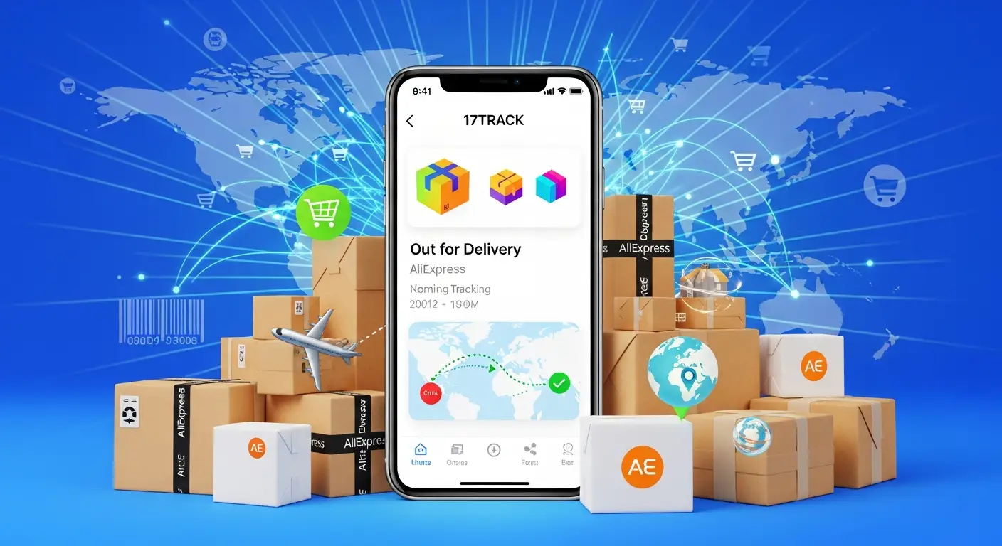 Snimka ekrana prikazuje sučelje aplikacije 17TRACK s prikazom praćenja paketa naručenih putem AliExpressa. Prikazani su statusi pošiljki i detalji o dostavi na mobilnom uređaju.