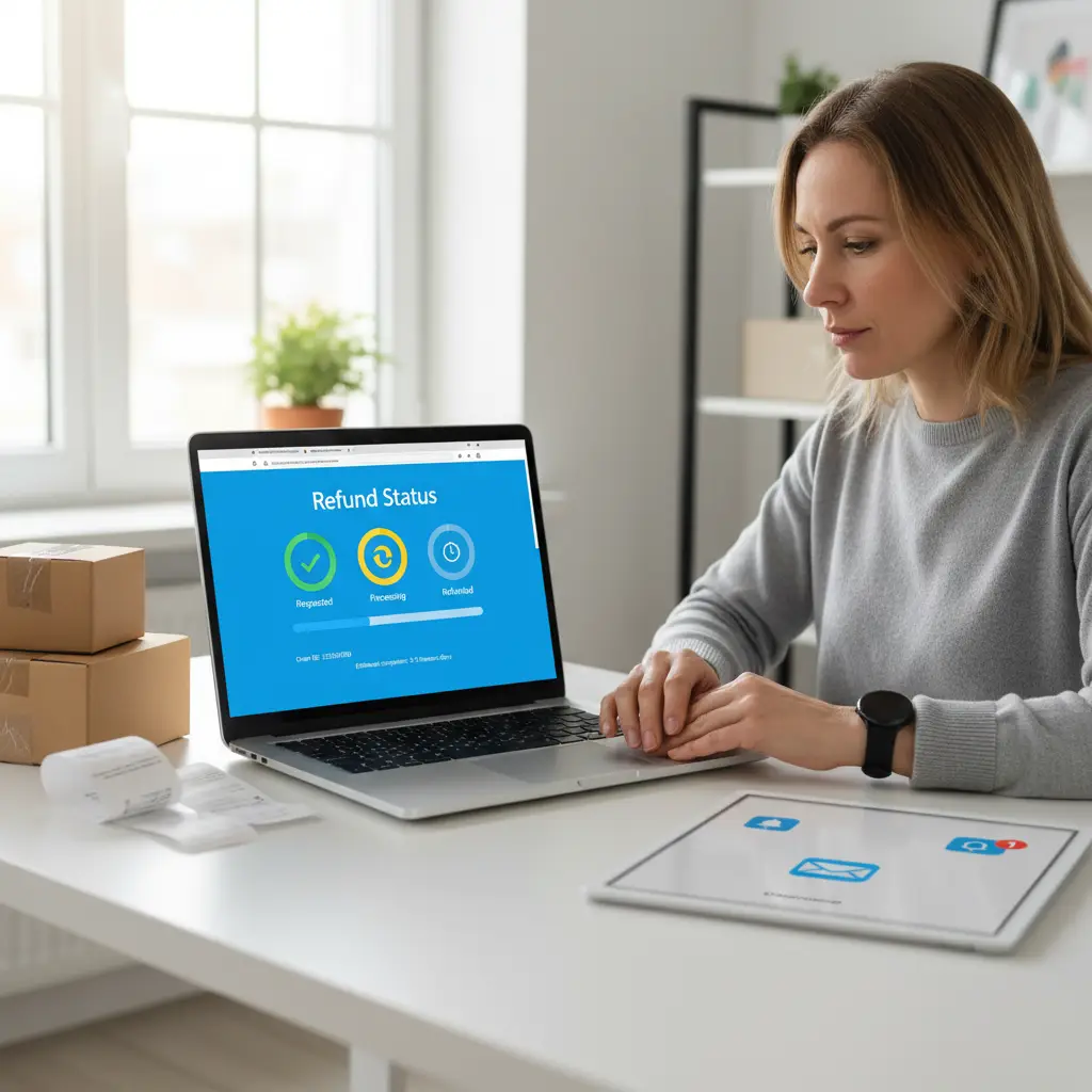 Snimka zaslona prikazuje korisničko sučelje AliExpress aplikacije, gdje korisnik prati status povrata novca uz istaknute opcije “Refund in Process” i vremensku traku postupka.