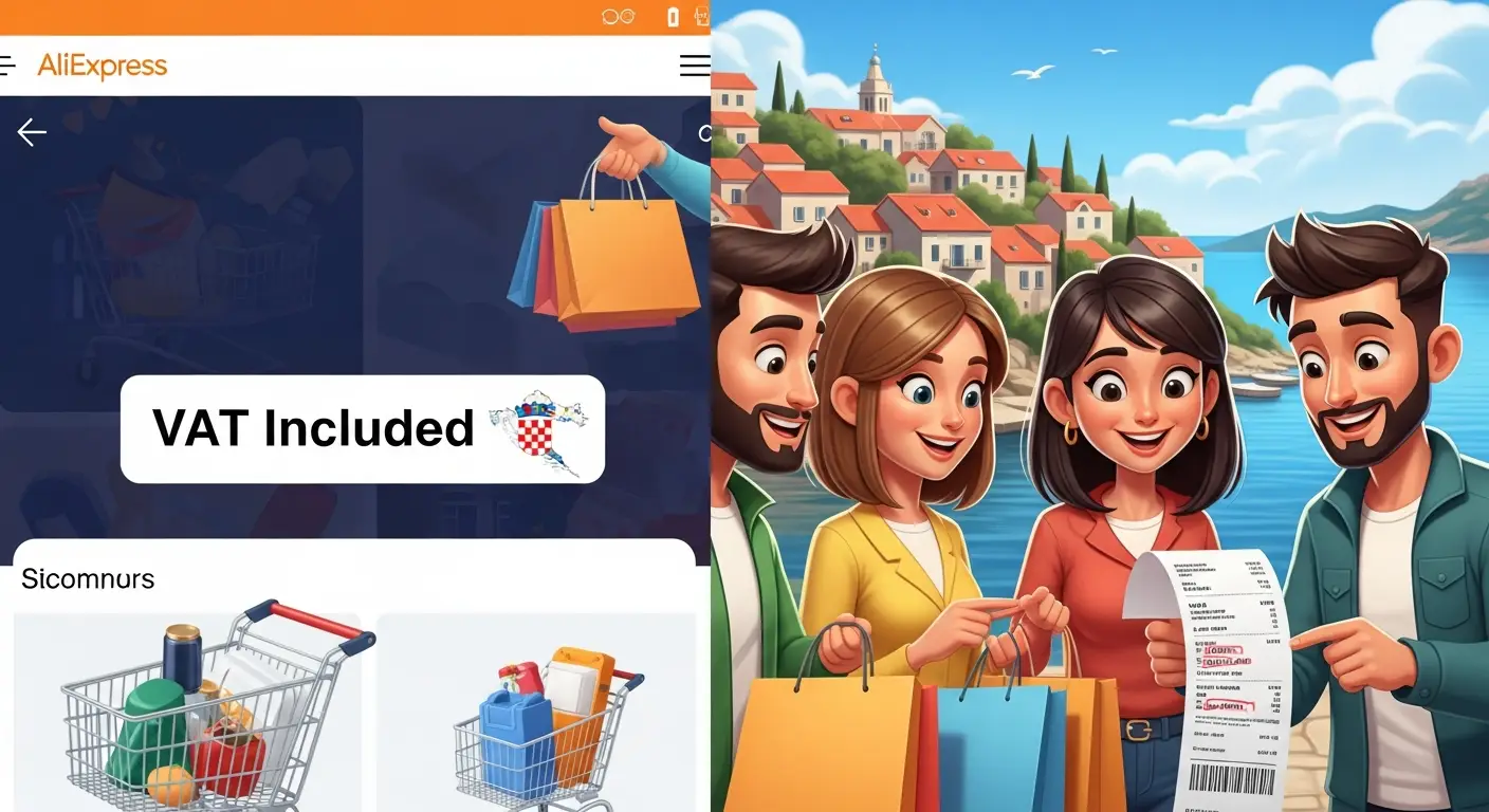 Snimka zaslona prikazuje košaricu na AliExpressu s prikazom uključenog PDV-a za narudžbu dostavljenu u Hrvatsku. Ispod ukupnog iznosa jasno je označeno 