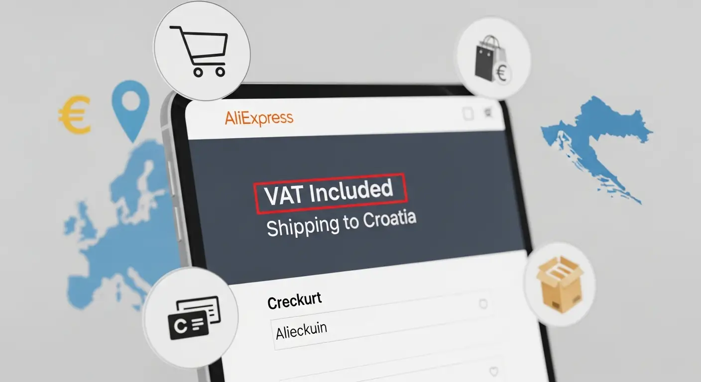 Snimka zaslona stranice za plaćanje na AliExpressu prikazuje uključeni PDV za narudžbu s dostavom u Hrvatsku. Iznos PDV-a jasno je prikazan u sažetku troškova.