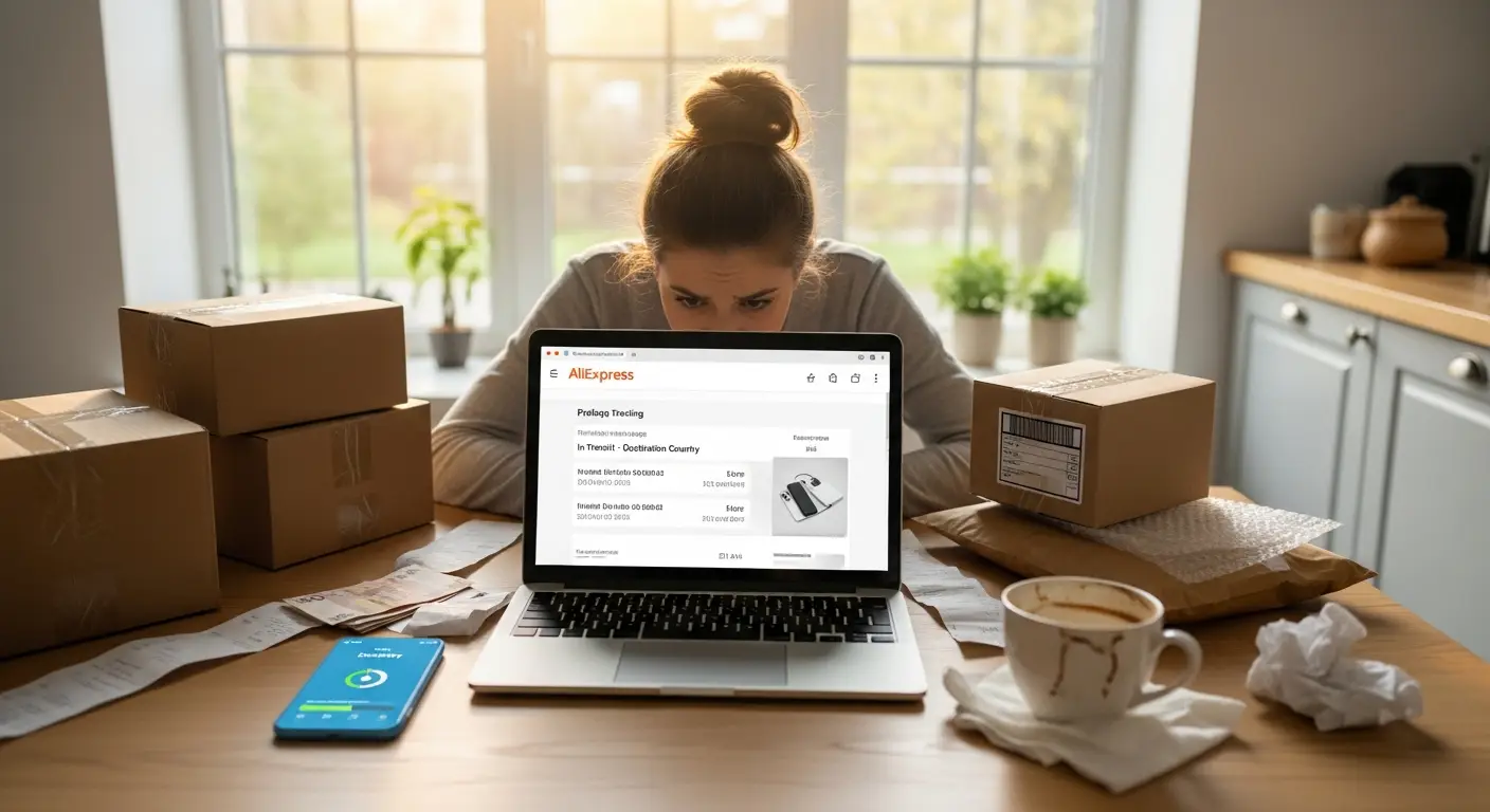 Zamišljena osoba sjedi za stolom ispred laptopa, zabrinuto gleda u ekran s prikazom praćenja pošiljke na AliExpressu, dok pored nje stoji šalica kave.