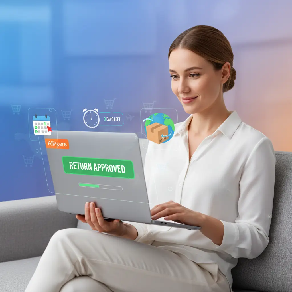 Zaslon računala prikazuje proces povrata na AliExpressu, uz simbol satnog mehanizma koji označava čekanje na obradu povrata nakon odobrenja.