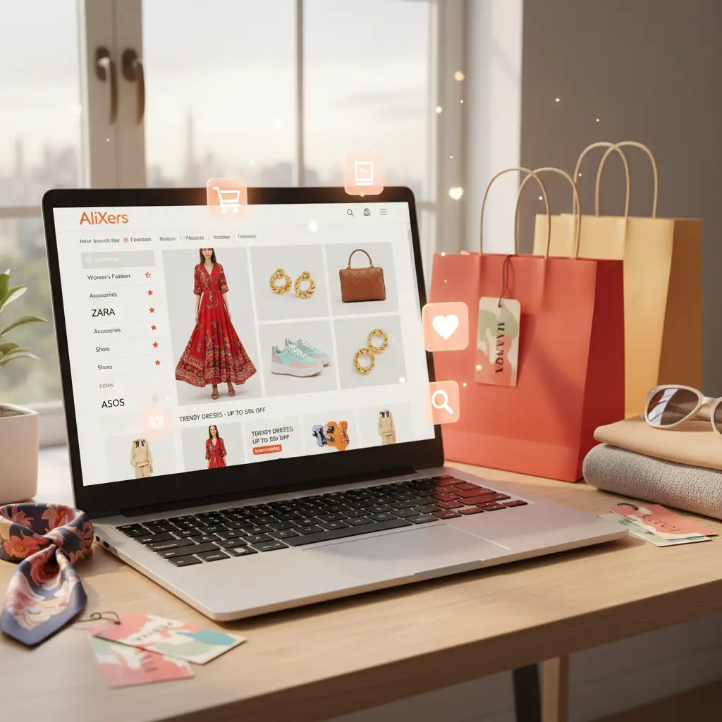 Žena pozira u modernoj odjeći ispred šarenih shopping vrećica, prikazujući popularne modne brendove dostupne na AliExpressu.