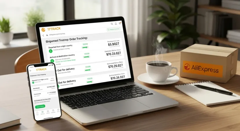 17TRACK aplikacija za praćenje AliExpress narudžbi, prikazuje status dostave, broj za praćenje i informacije o online kupovini na mobilnom ekranu.