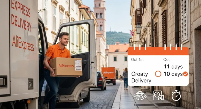 Online shopping package marked "10-Day Delivery" arrives in Croatia, symbolizing fast AliExpress shipping, excitement, and convenience for Croatian customers.