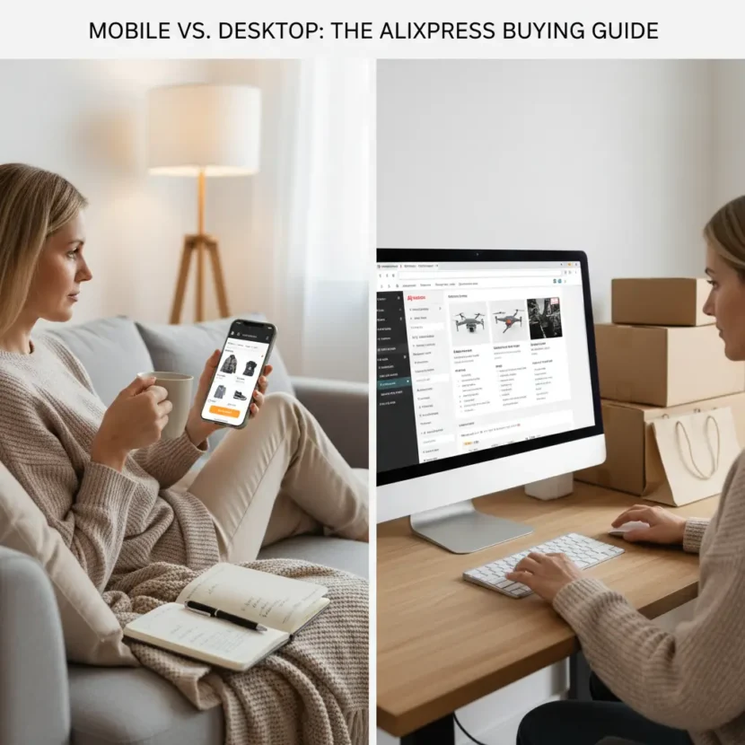Usporedba kupovine na AliExpressu preko mobilne aplikacije i desktopa, prikaz sučelja, pogodnosti i razlike u online iskustvu kupovine.