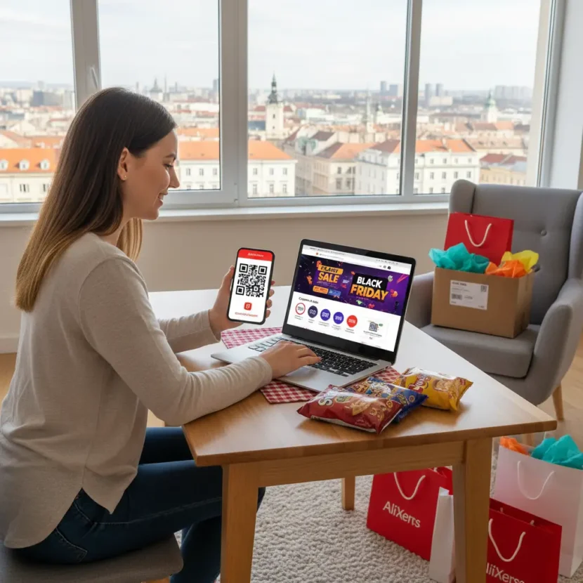 Online kupovina na AliExpressu tijekom Black Friday i Cyber Monday popusta u Hrvatskoj, laptop, košarica i popusti vidljivi na ekranu.