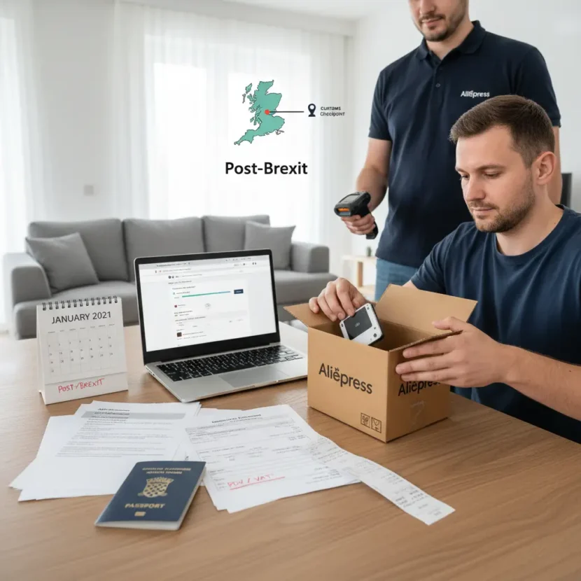 AliExpress packages, Croatian flag, and customs symbols highlight post-Brexit online shopping changes for Croatia, emphasizing new delivery and import procedures.