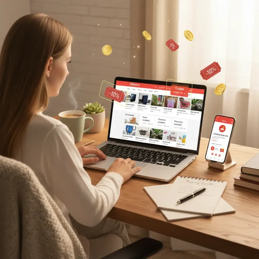 AliExpress kovanice, kuponi i popusti prikazani uz online shopping simboliku, istaknuti načini uštede za kupce na internetu.