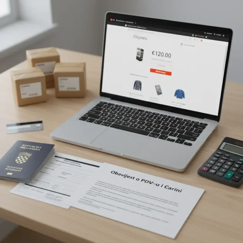 Online narudžbe s AliExpressa ispod 150 € u Hrvatskoj, prikaz plaćanja PDV-a prilikom kupovine putem interneta, laptop i košarica.