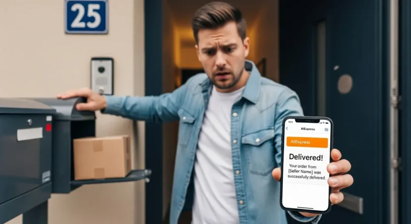 Online shopping on AliExpress, paket označen kao dostavljen, ali nije stigao; korisnik traži rješenje za nestalu pošiljku putem interneta.