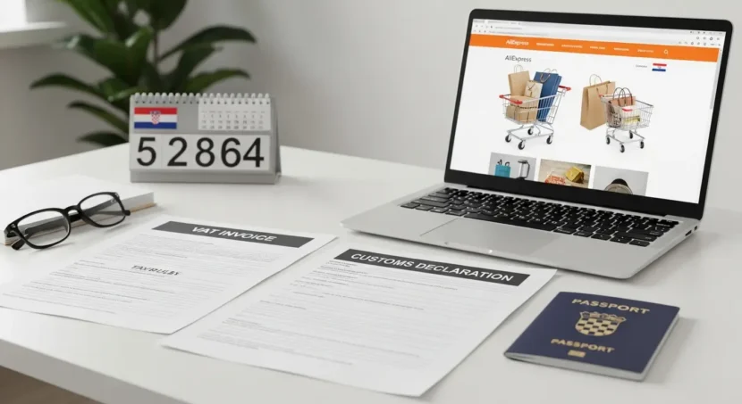 AliExpress VAT pravila za Hrvatsku: objašnjenje online kupovine, poreza i troškova za kupce iz Hrvatske, ilustrirano grafikom internetske trgovine.