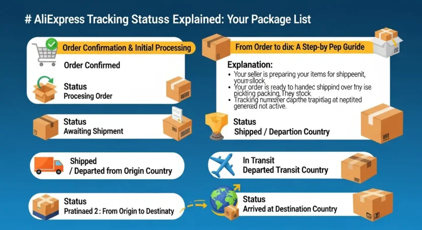 AliExpress online shopping tracking statuses, detailed explanation in Croatian, package delivery progress, shipment updates, easy order monitoring, user-friendly interface, full status list.