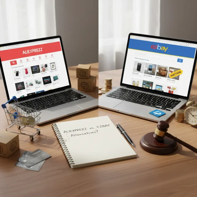 Usporedba online kupovine: AliExpress i eBay prikazani uz tipične proizvode, cijene i korisničke recenzije, simbolizirajući izbor boljeg marketplacea.