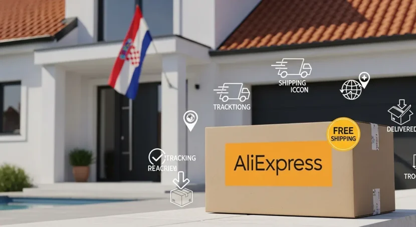 Online kupovina putem AliExpressa, simbolizirana paketima i hrvatskom zastavom, istražuje mogućnosti besplatne dostave proizvoda u Hrvatsku.
