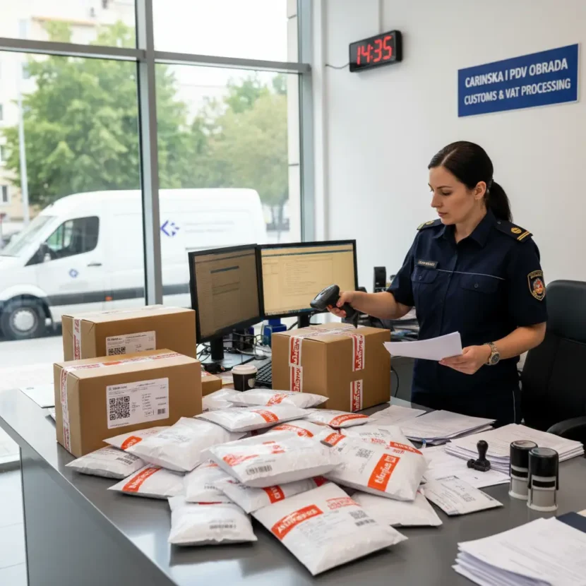 Online kupovina: paket iz Kine, carinski službenici pregledavaju pošiljku, kalendar označava vrijeme čekanja na carinsko čišćenje u Hrvatskoj.