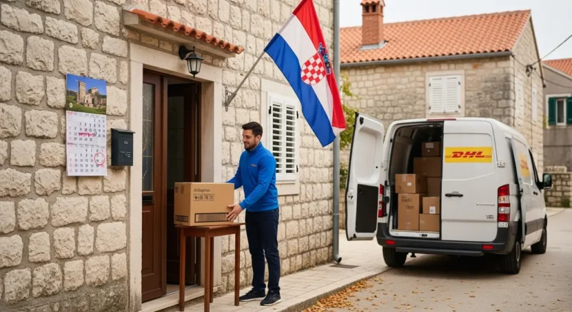 Online narudžba s AliExpressa prikazuje upit o dostavi vikendom i praznicima u Hrvatsku, simbolizirajući proces međunarodne internet kupovine.