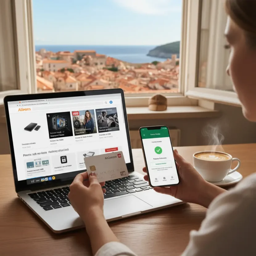 Sigurna online kupovina iz Hrvatske na AliExpressu, prikaz web stranice, laptop, kreditna kartica i hrvatska zastava u pozadini.