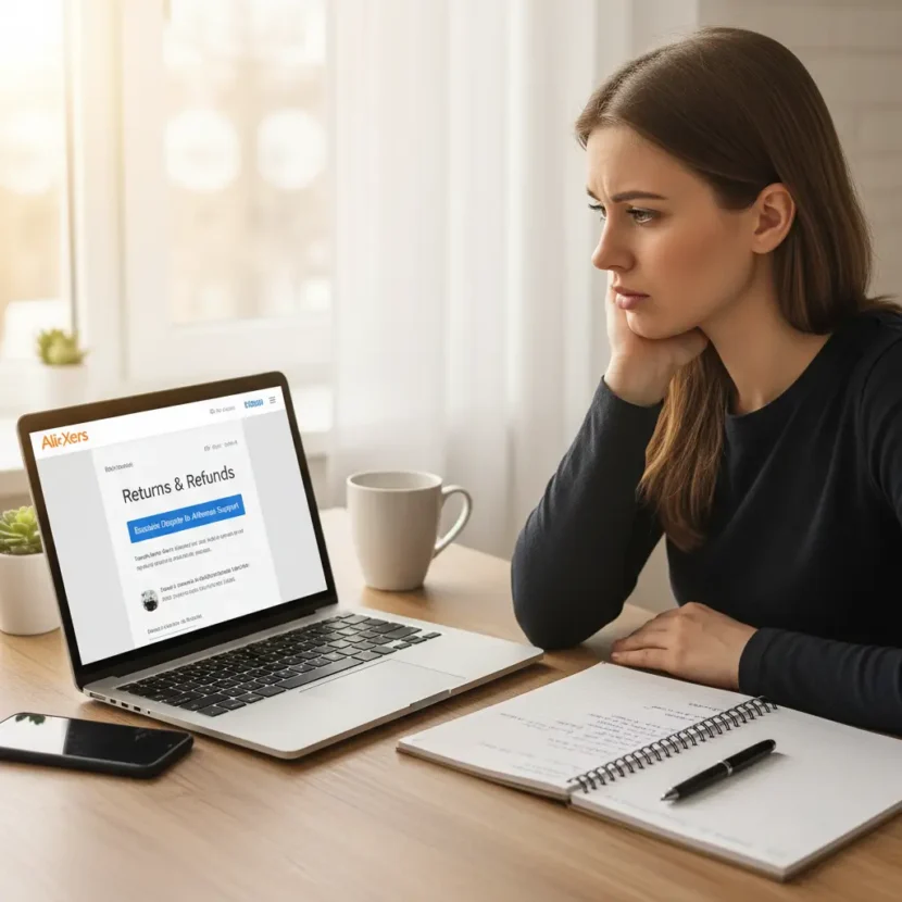 Korisnik podnosi žalbu putem AliExpress platforme, prikazani koraci za eskalaciju spora u online kupovini, korisnička podrška u fokusu.