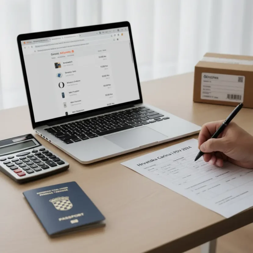 Prikaz online kupovine na AliExpressu s izračunom carine i PDV-a za Hrvatsku, uključujući cijene, paket i kalkulator troškova.