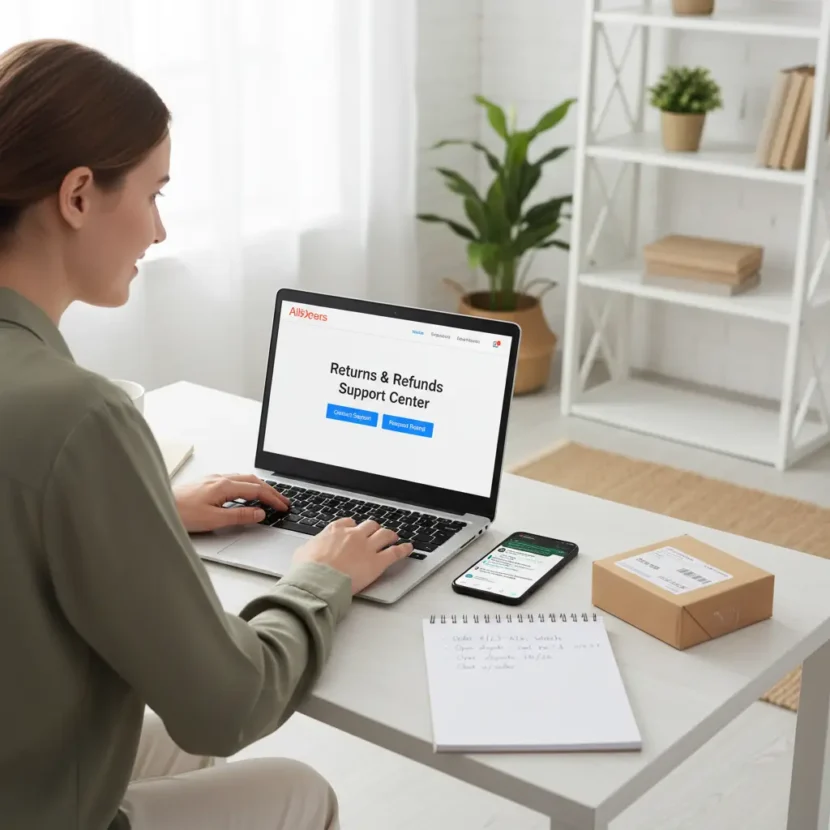 Korisnik putem računala kontaktira AliExpress podršku za povrat novca, prikaz online dopisivanja i povratne informacije na ekranu.