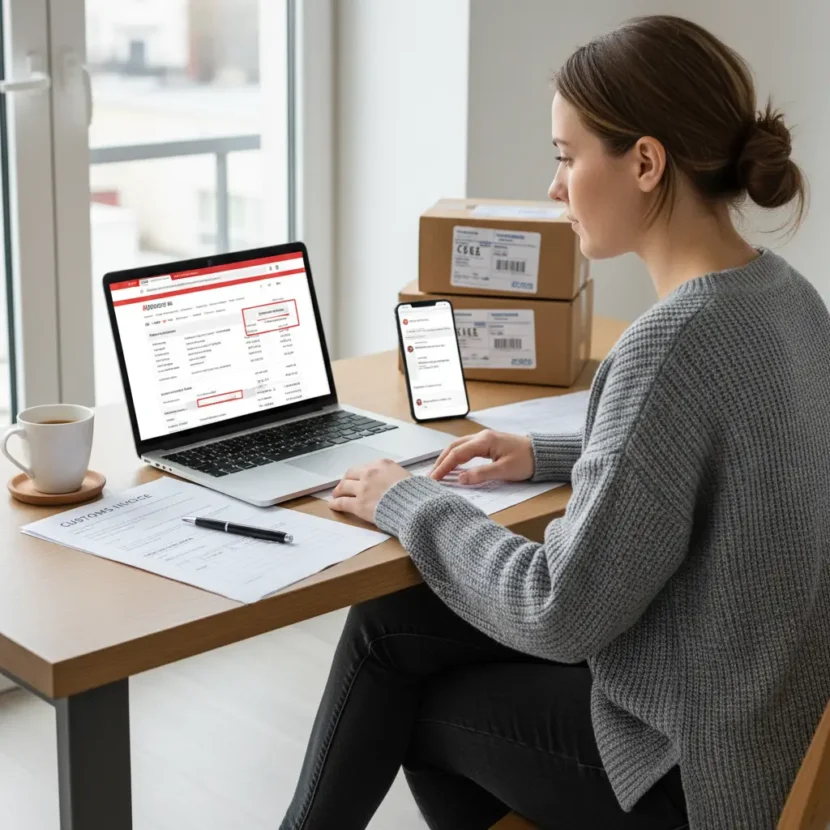 Kupac osporava netočnu PDV ili carinsku naknadu na AliExpressu putem online obrasca, prikaz komunikacije s podrškom i ekrana narudžbe.