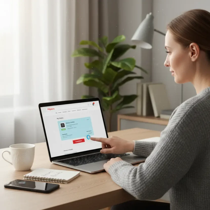 Kupac otkazuje narudžbu na AliExpressu putem mobitela prije slanja, prikaz sučelja za online kupovinu i opcije otkazivanja narudžbe.