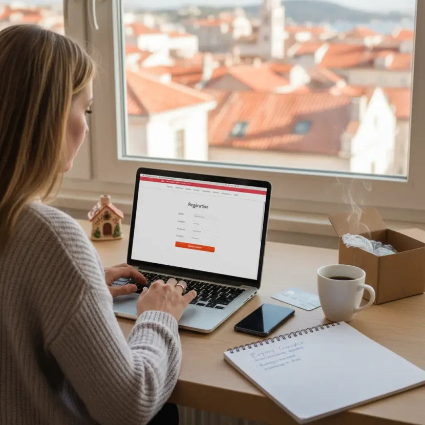 Osoba iz Hrvatske koristi laptop za registraciju na AliExpress, unosi svoje podatke, online kupovina, početna stranica Aliexpressa na ekranu.