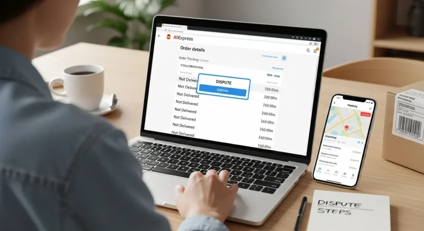 Podnošenje žalbe za zakašnjelu ili neisporučenu AliExpress narudžbu putem online platforme, prikaz korisničkog sučelja za kupovinu i rješavanje problema.