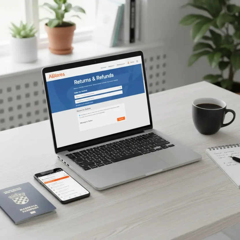 Korisnik iz Hrvatske podnosi zahtjev za povrat novca na AliExpressu putem mobitela, prikazujući proces online kupovine i povrata.