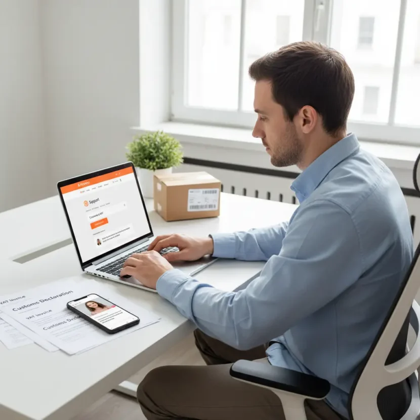 Korisnik piše poruku AliExpress korisničkoj podršci putem računala, postavljajući pitanja o PDV-u i carinskim troškovima tijekom online kupovine.