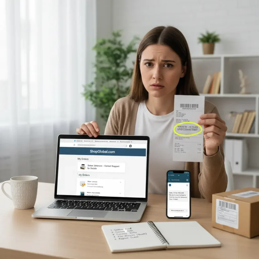 Kupac provjerava lažni broj za praćenje paketa tijekom online kupovine i traži povrat novca od prodavača putem računala ili mobitela.