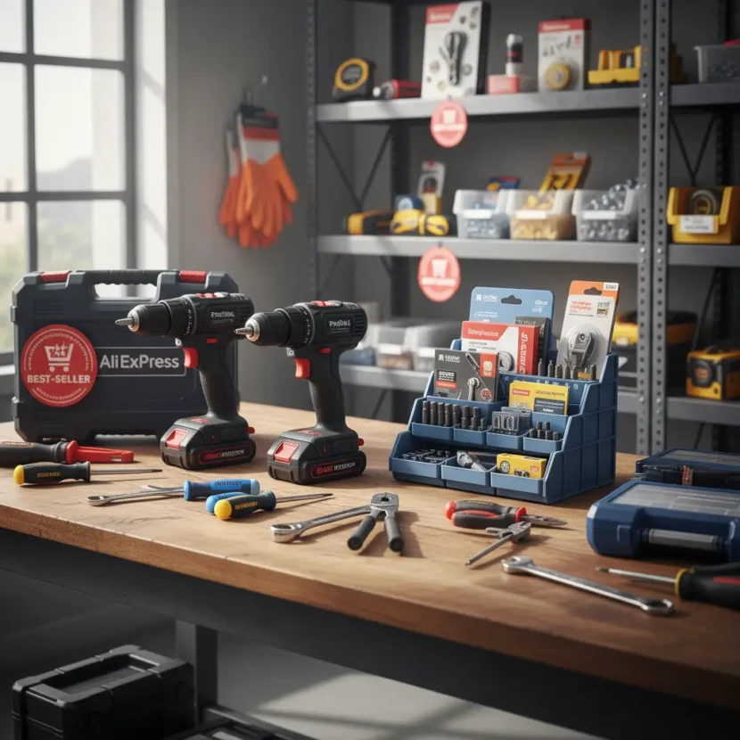 Alati, elektronika i DIY oprema iz najboljih AliExpress trgovina za online kupovinu, prikazani u modernom web sučelju na ekranu računala.