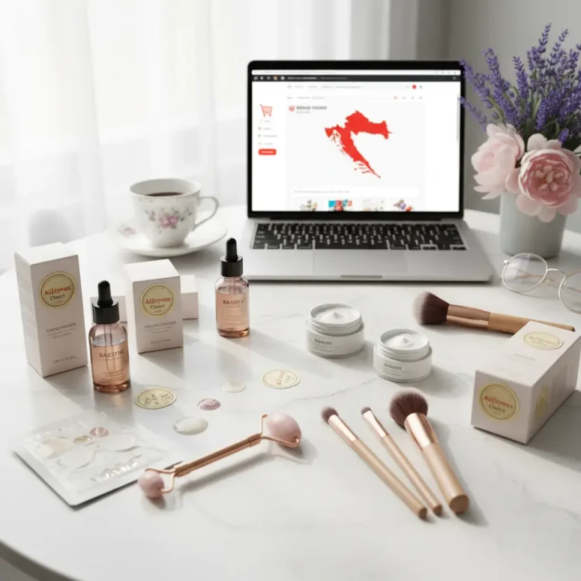 Online kupovina kozmetike i njege kože iz najboljih AliExpress trgovina dostupnih u Hrvatskoj, s proizvodima i recenzijama na ekranu laptopa.