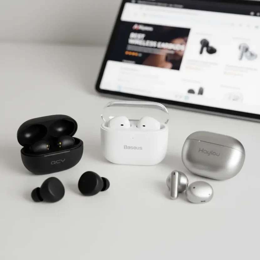 Bežične slušalice visokih ocjena s AliExpressa, moderno dizajnirane, istaknute na ekranu mobitela tijekom online kupovine, savršene za ljubitelje glazbe.