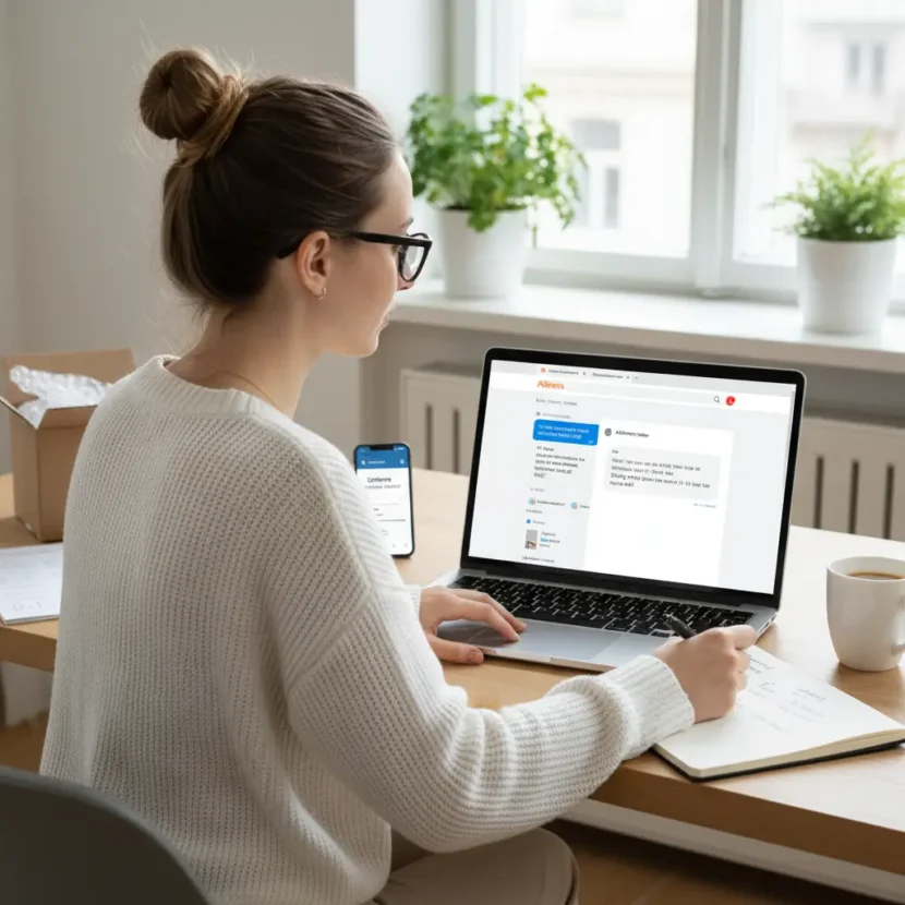 AliExpress kupac šalje poruku prodavaču putem online chata, tražeći informacije o proizvodu i brz odgovor za sigurnu kupovinu.