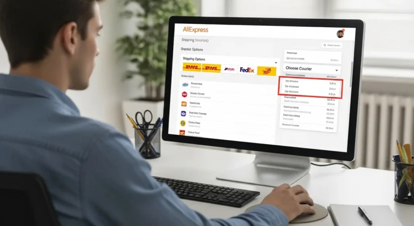 Odabir kurirske službe prilikom online kupovine na AliExpressu, prikaz mogućnosti dostave i preferencija korisnika tijekom naručivanja proizvoda.