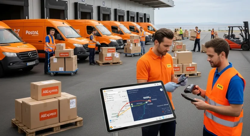 Poštari iz PostNL-a i Cainiao-a isporučuju AliExpress pakete u Hrvatsku, ilustrirajući proces online kupovine i međunarodne dostave.