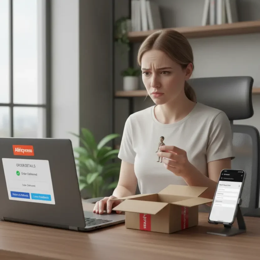 Kupac putem mobitela provjerava mogućnost povrata novca nakon potvrde dostave narudžbe na AliExpressu, tema: online kupovina.