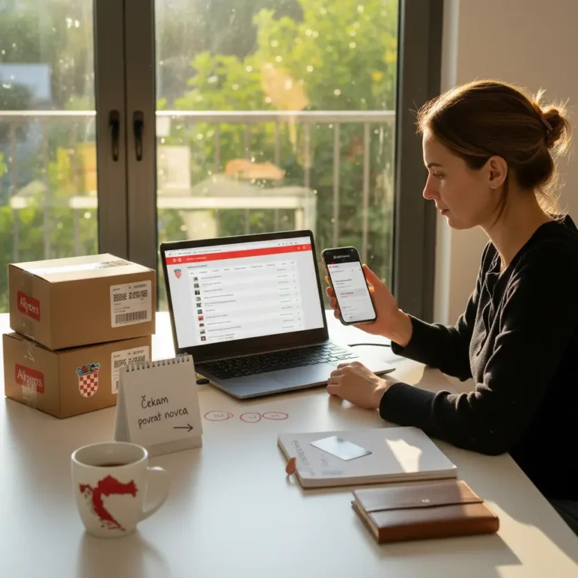 Kupac iz Hrvatske prati status povrata novca na AliExpressu putem laptopa, okružen paketima i prikazom sata koji simbolizira čekanje.