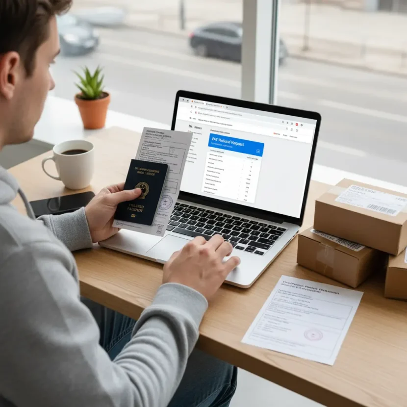 Prikaz online kupovine na AliExpressu s naglaskom na povrat PDV-a i carine, uz prikaz dokumenata i digitalnih uređaja.