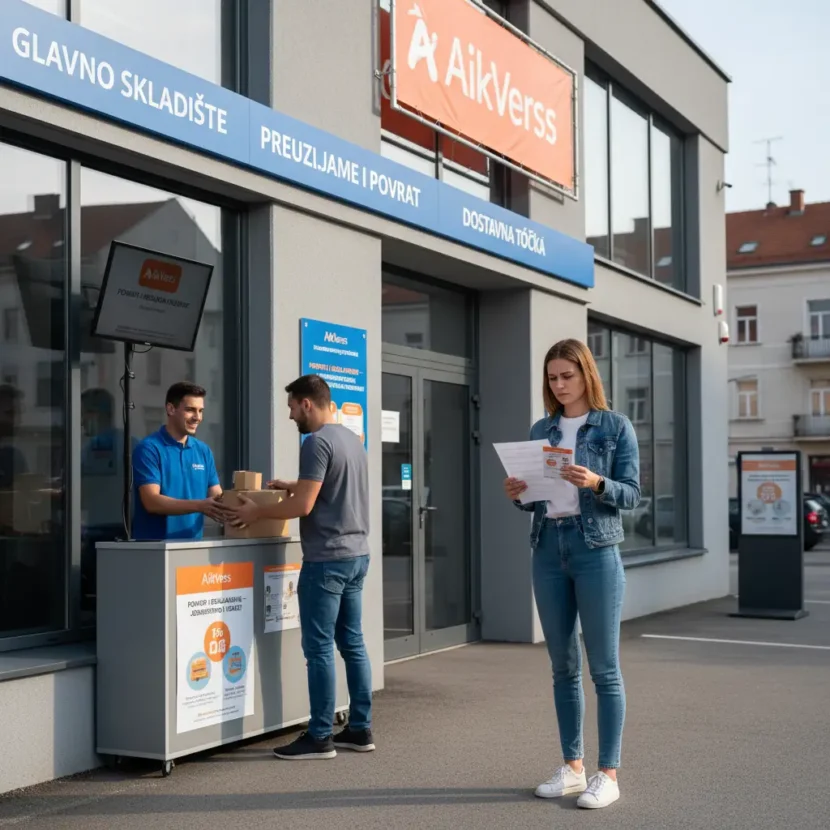 Kupac vraća paket u lokalno skladište AliExpressa u Hrvatskoj, simbolizirajući povrat robe kupljene putem online trgovine.