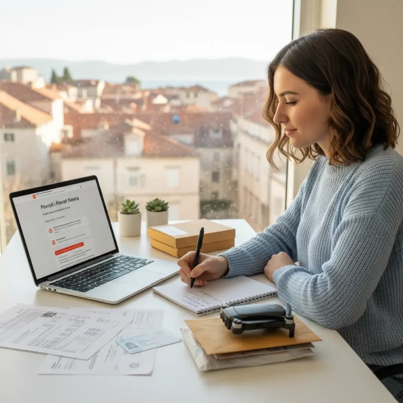 Online shopping on AliExpress in Croatia, showing return process, refund approval, and satisfied customer, highlighting step-by-step guide for easy returns and refunds.