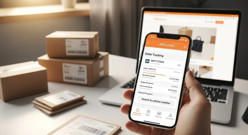 Praćenje narudžbe s AliExpressa putem broja mobitela, prikaz internetske kupovine, korisnik unosi podatke na mobilnom telefonu, potvrda narudžbe.