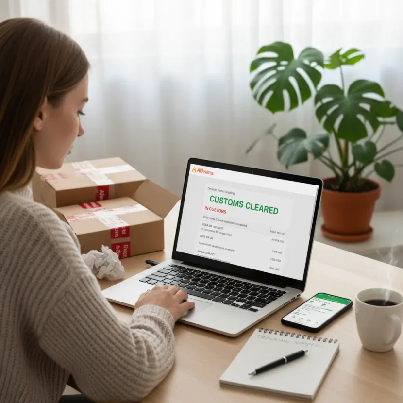 Praćenje statusa carinske obrade za AliExpress narudžbe putem internetske trgovine i mobilne aplikacije, jasno prikazano na zaslonu računala i pametnog telefona.