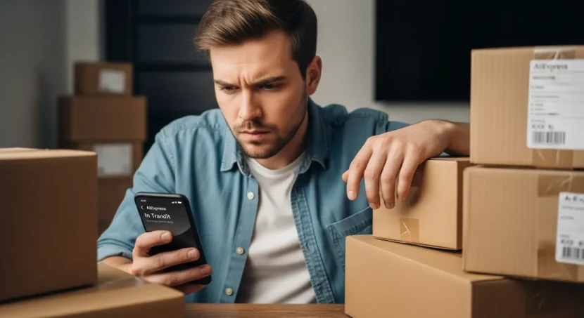Zastoj u praćenju narudžbe na AliExpressu, korisnik zabrinut provjerava status paketa na ekranu računala tijekom online kupovine.