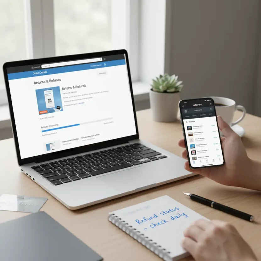 Prikaz ekrana s AliExpress aplikacije prikazuje praćenje statusa povrata novca, online kupovina, povrat proizvoda, korisničko sučelje na hrvatskom jeziku.