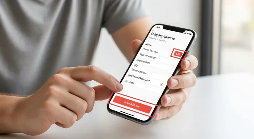 Promjena adrese dostave na AliExpressu putem online shopping sučelja; korisnik unosi novu adresu u postavkama računa na ekranu računala.
