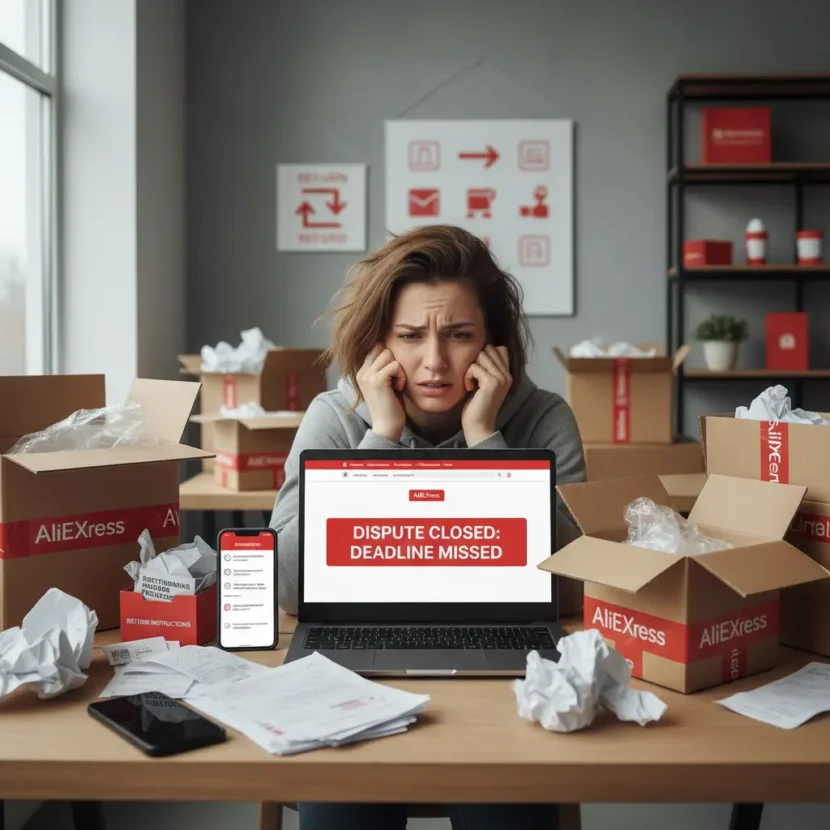 Propušteni rok za spor na AliExpressu prikazuje zabrinutog kupca ispred zamagljenog ekrana računala, simbolizirajući izgubljenu priliku za povrat novca.